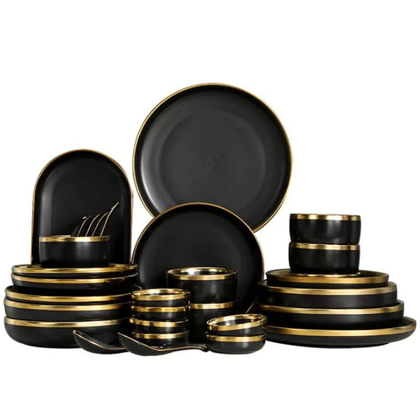 Gilt Rim Black Porcelain Dinner Set